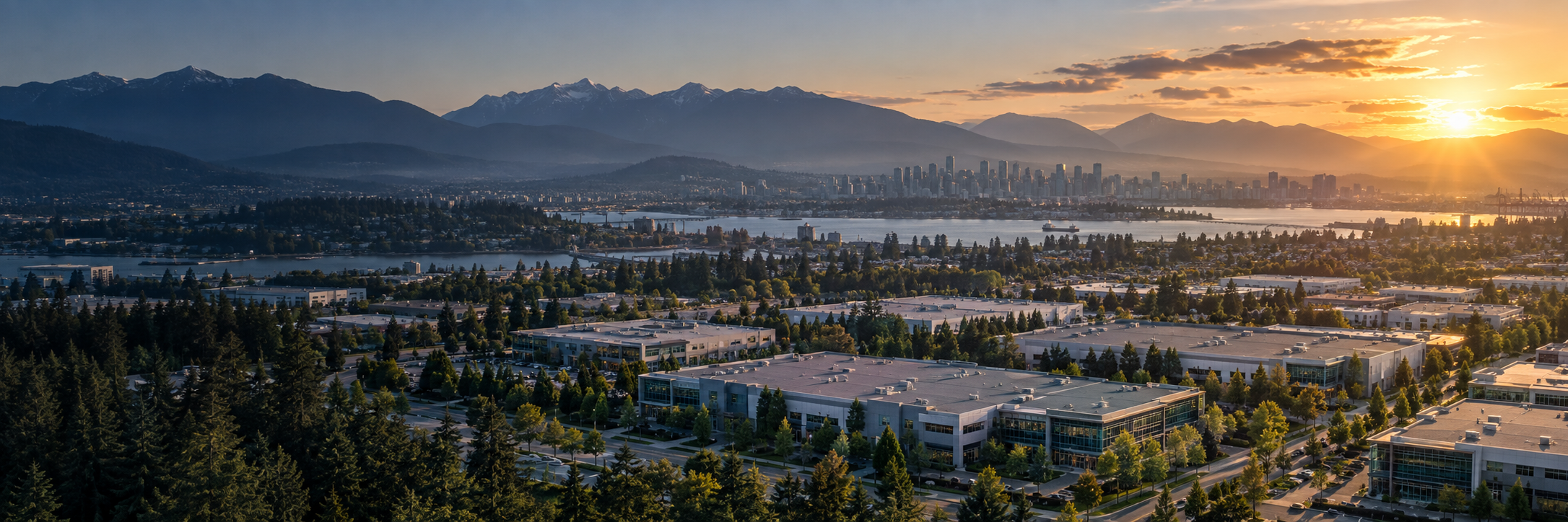 Illustrative commercial skyline and mountain panorama inspired by Metro Vancouver