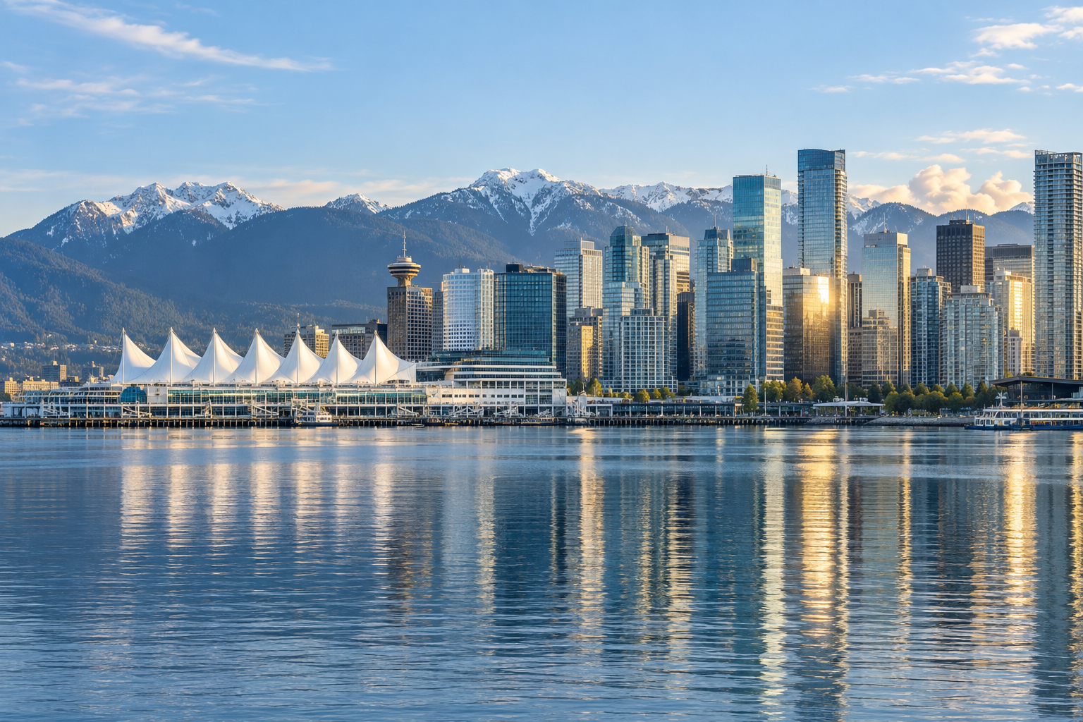 Illustrative Vancouver waterfront skyline with mountain views